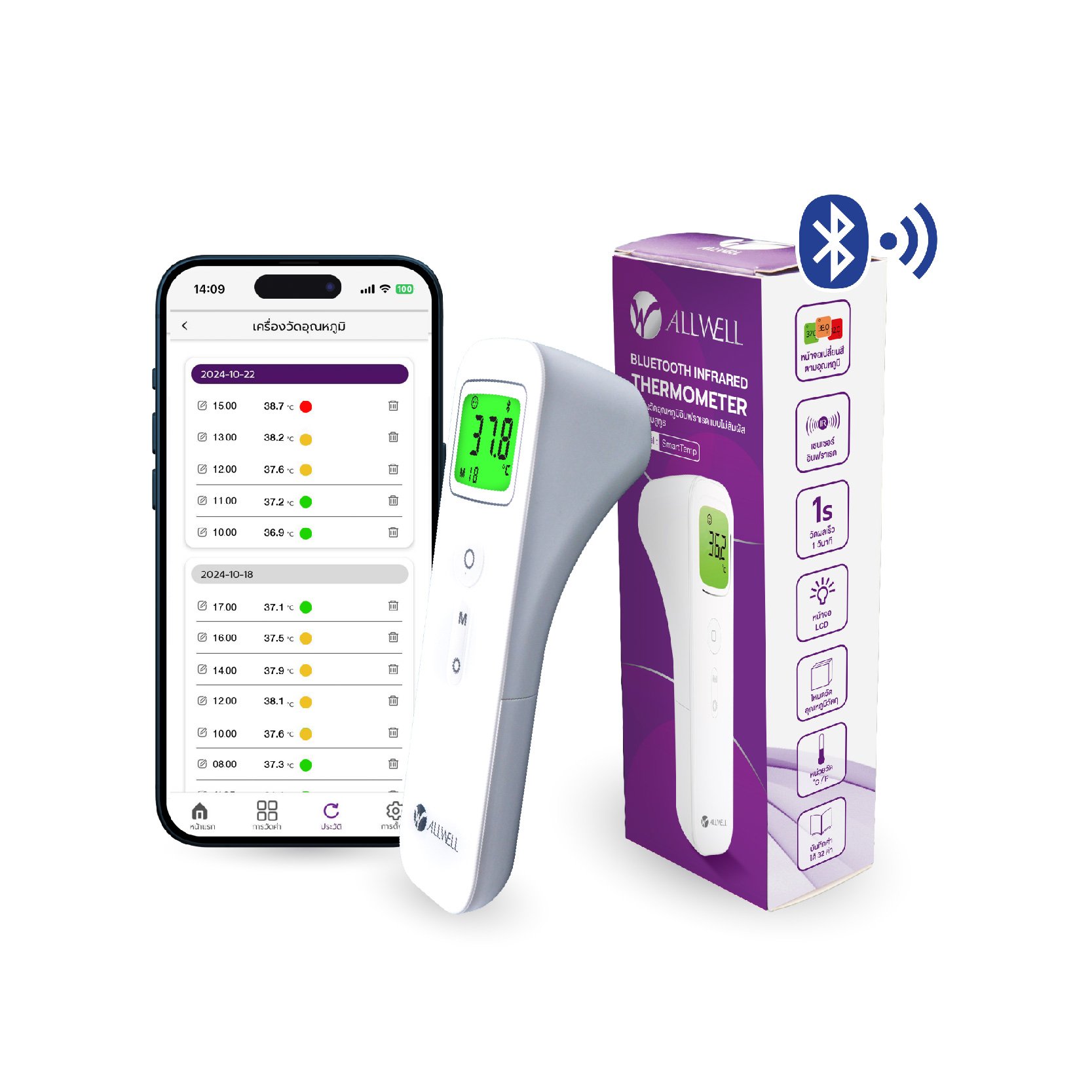  เครื่องวัดอุณหภูมิร่างกาย ALLWELL  รุ่น SmartTemp อินฟราเรด เชื่อม app ได้_0